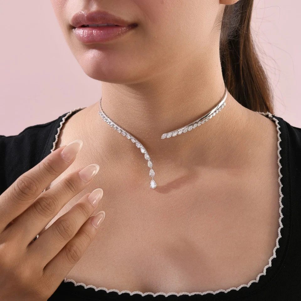 4.75 Ct 18k White silver women’s Pear Diamond Choker Cuff Necklace Gift