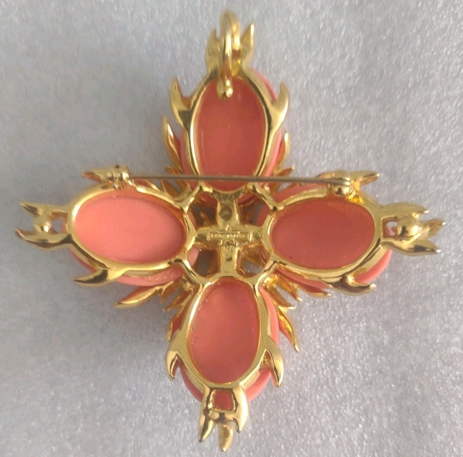 CINDY ADAMS Gold Tone Faux Coral Rhinestone Maltese Cross Pin Brooch / Pendant