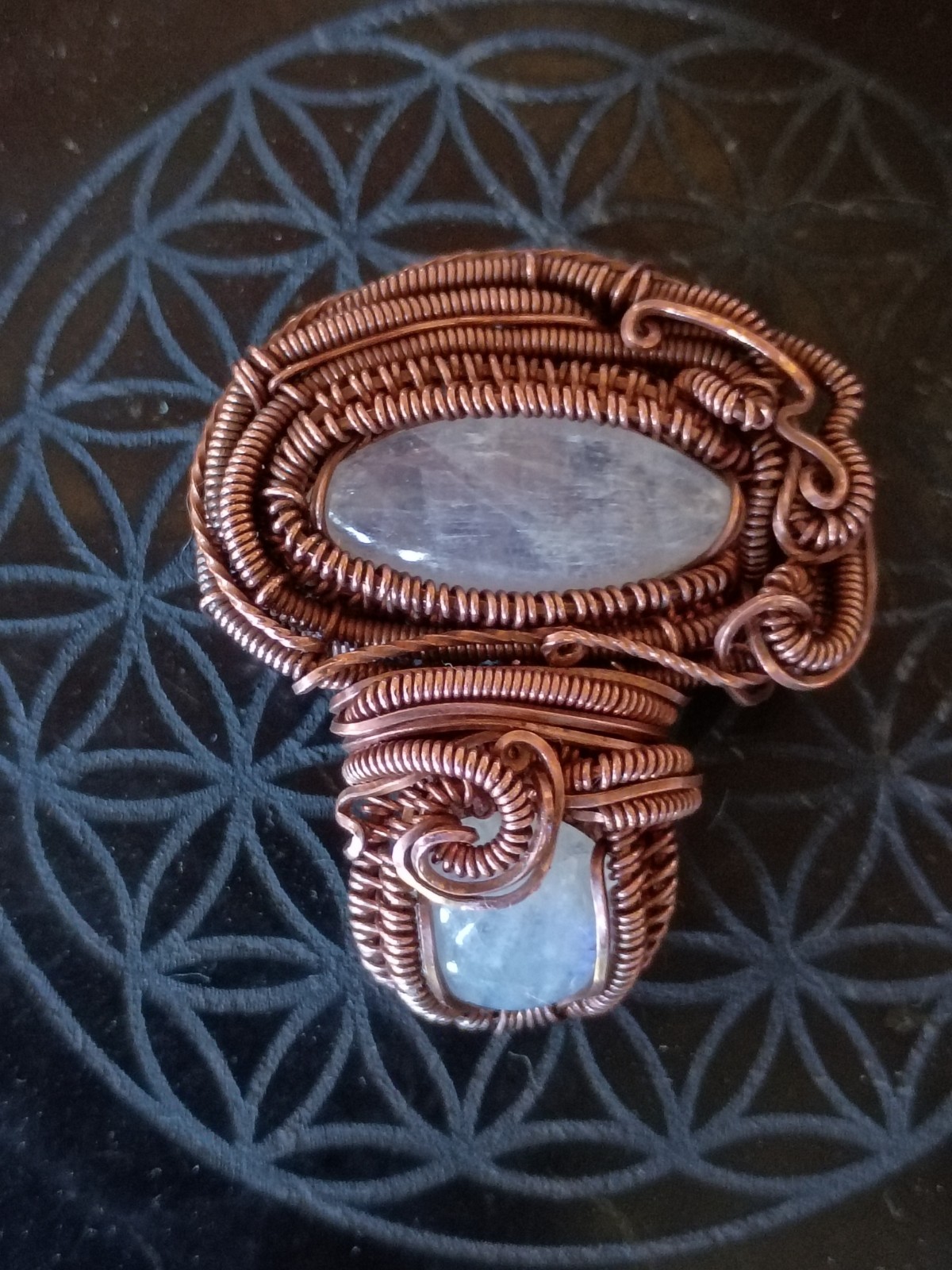Moonstone Mushroom Pendant Copper Wirewrap Eyeball Handmade