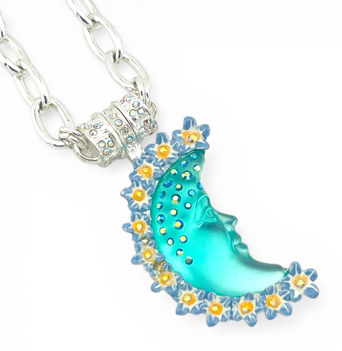 Kirks Folly Forget Me Not Moon Goddess Necklace Teal Crystal Silver Tone 24cm