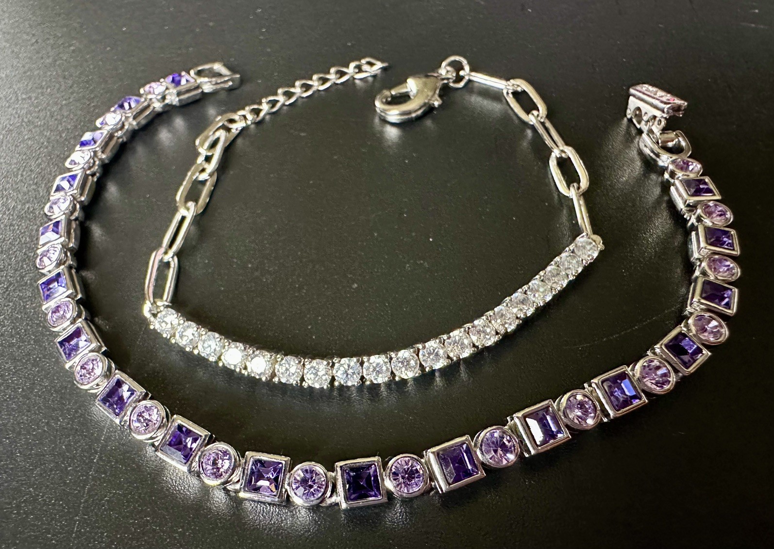 2x Silver Tone CZ Tennis Bracelets 7.4 Inches Elegant Bracelets Signed Cachet