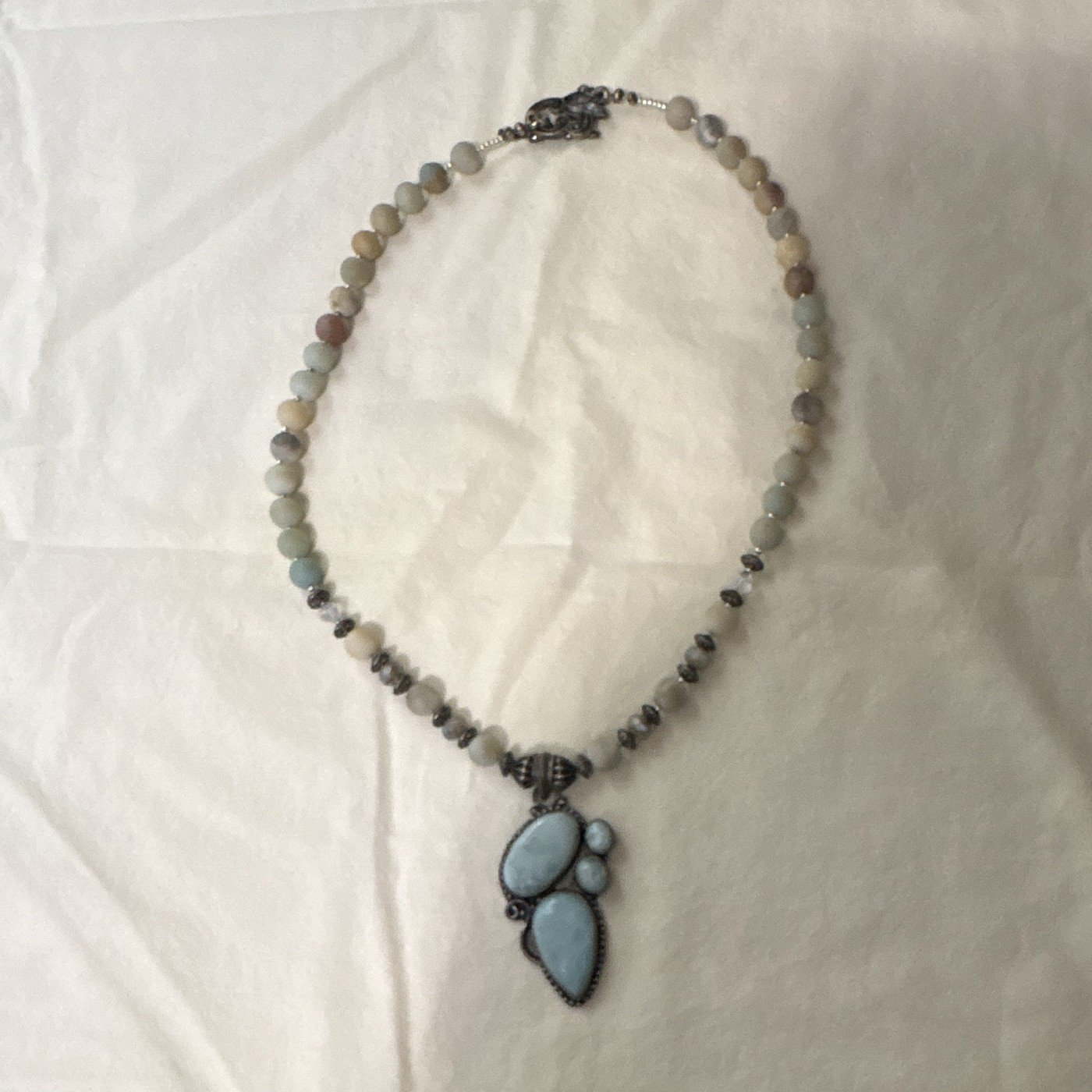 Silver/Gray Beaded Necklace Blue Teardrop Charm Pendant Bezel 18in Toggle