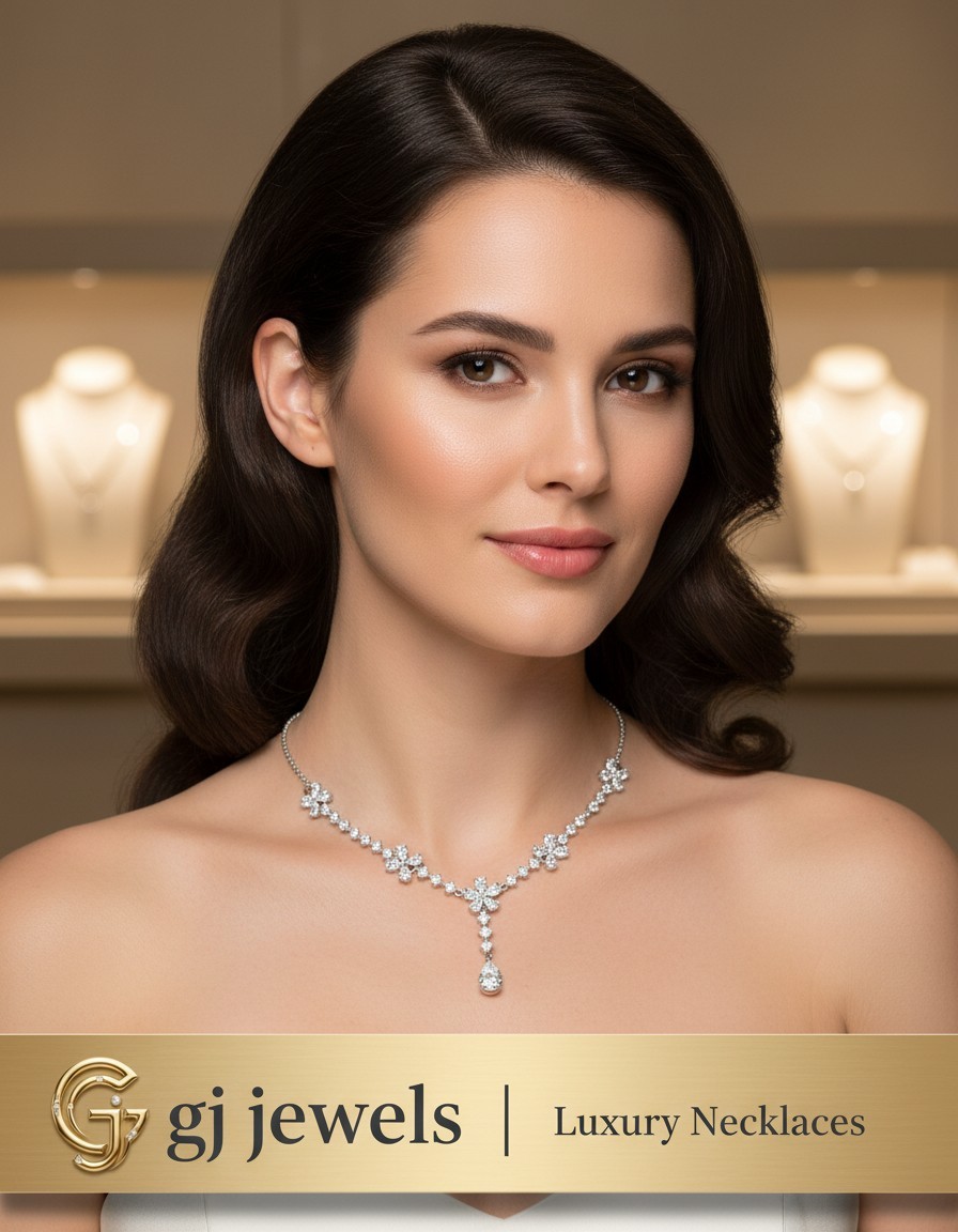 925 Starling Silver Flower Cluster Diamond Necklace Pear Drop Pendant Bridal Gif