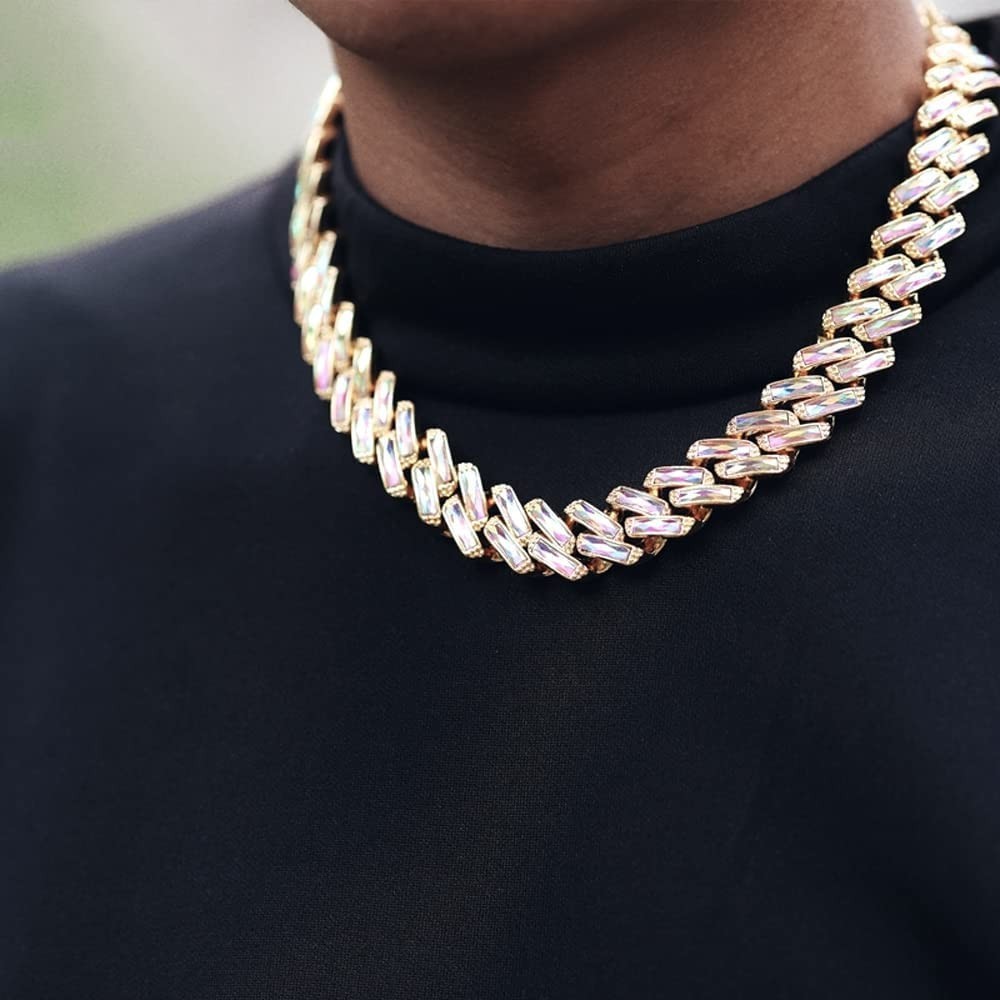 15mm Colorful Iced Out Gold Plated Hip Hop Cuban Link Chain Bracelet & Necklace
