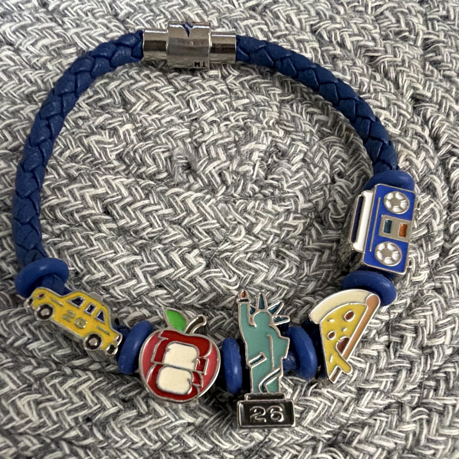 Blue Braided Faux Leather Charm Bracelet Magnetic Closure Apple Pizza Taxi