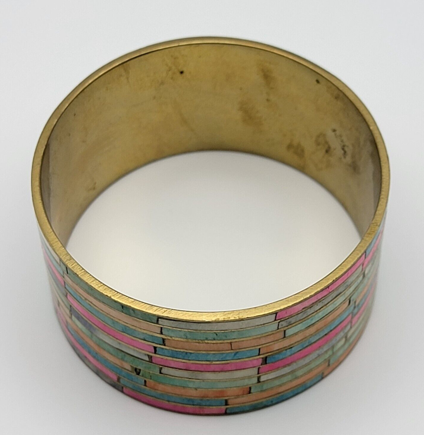 Vintage Style Wide Brass Mosaic Inlay Cuff Bracelet Made In India 8.25 in
