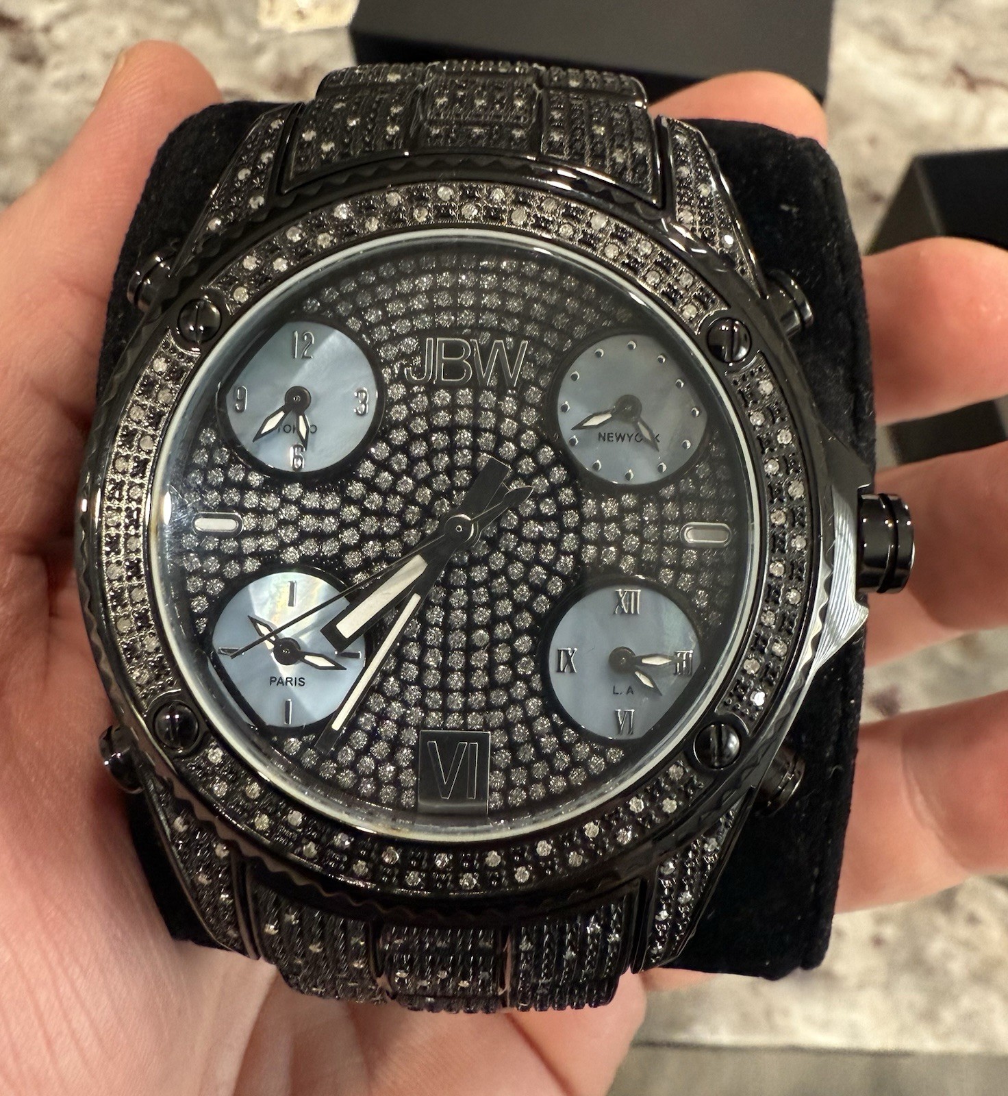 JBW Jet Setter 234 Diamond & Crystal 50mm Watch Black Multiple Time-Zone