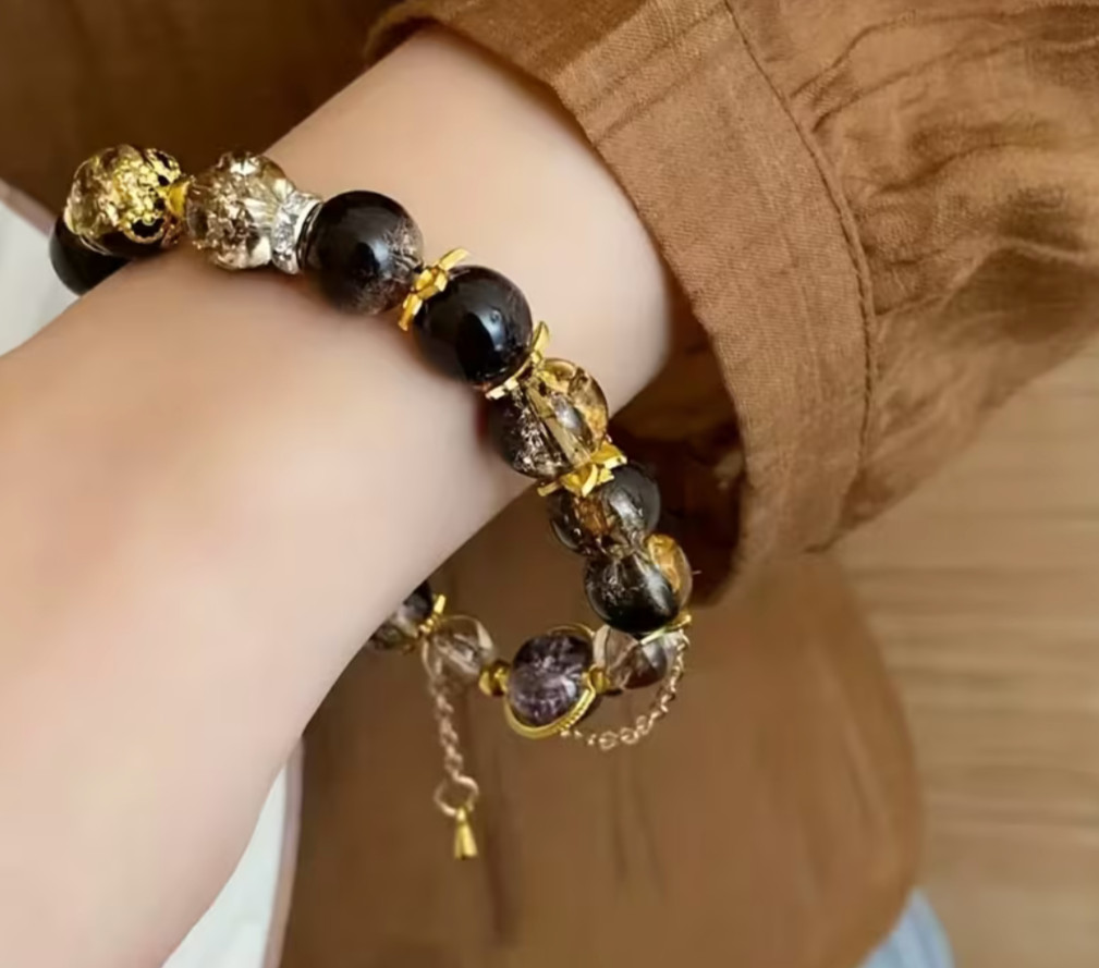 Black & Gold Phantom Quartz Bracelet 10mm Gemstone Beads Adjustable 16cm