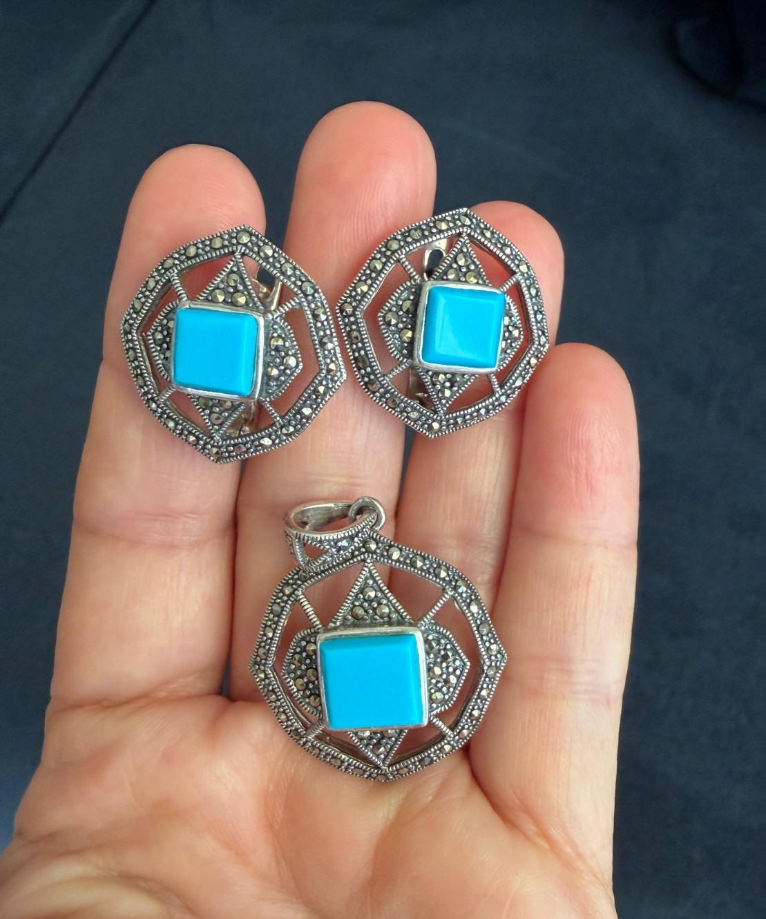 925 Starling Silver Marcasite Turquoise Earrings and Pendant Jewelery Set