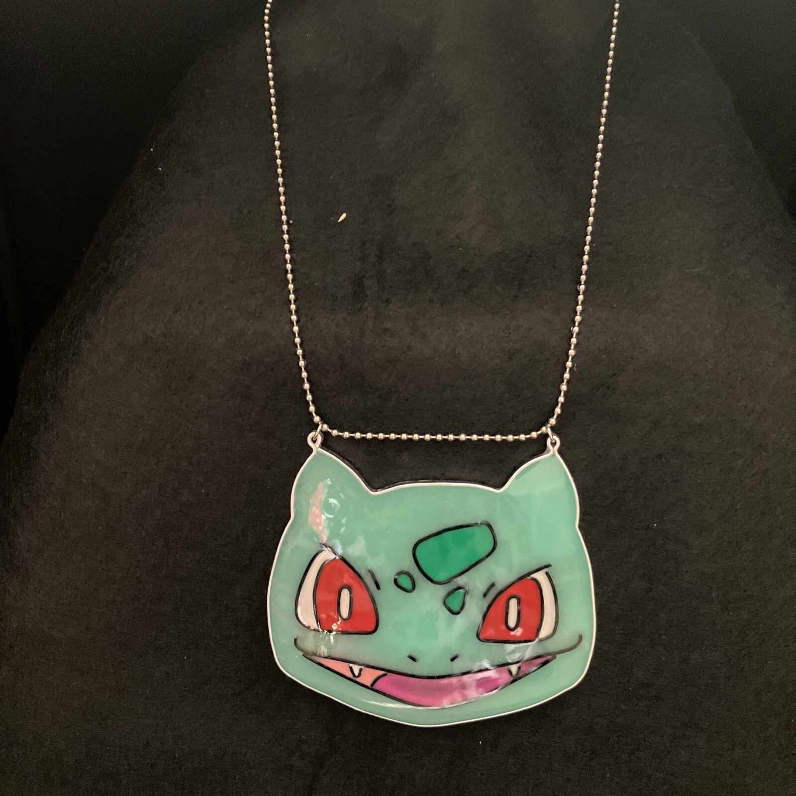 Stain Glass Style Bulbasaur Necklace, Stamped MiaChavi Geekery, Artisan Made