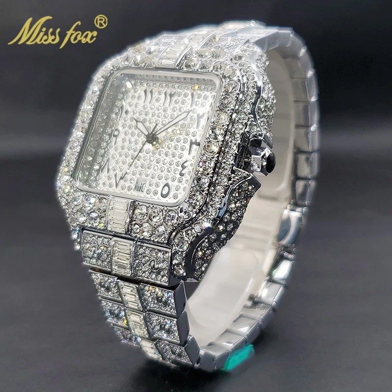Arabic Hip Hop Ice out Luxury Bling Mens Watch Iced Silver Cz Diamond Waterproof