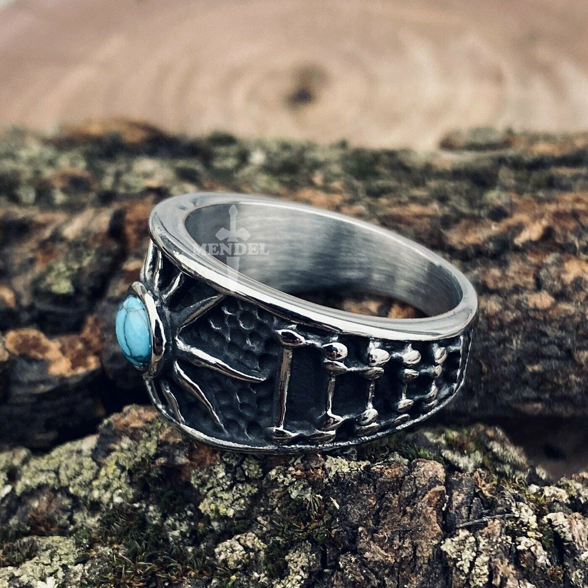 MENDEL Mens Sun Turquoise Biker Band Ring Stainless Steel Size 7 8 9 10 11 12-15