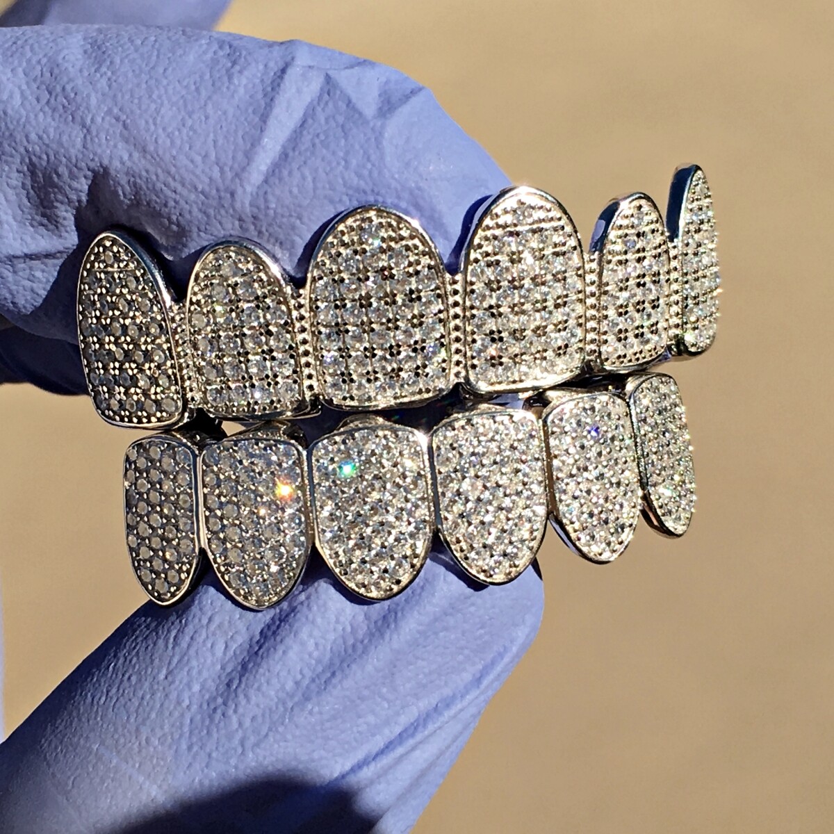 Men’s Real 925 Silver Grillz White Iced Micro Pave CZ Flooded Out Teeth Grills