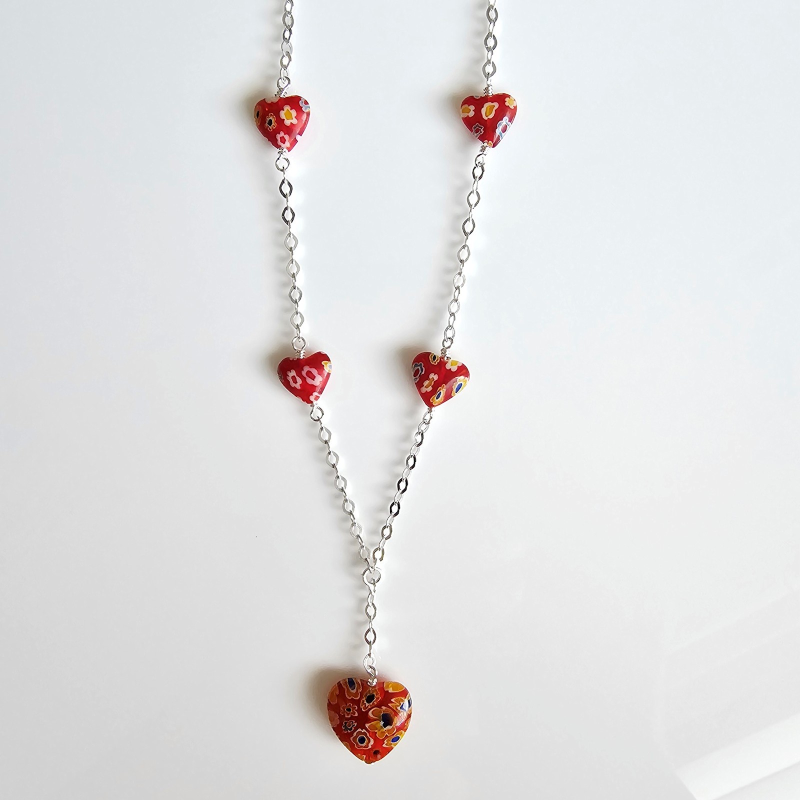 Adjustable 9″ 925 Silver Chain Hearts Millefiori Thailand Glass Beads Necklace