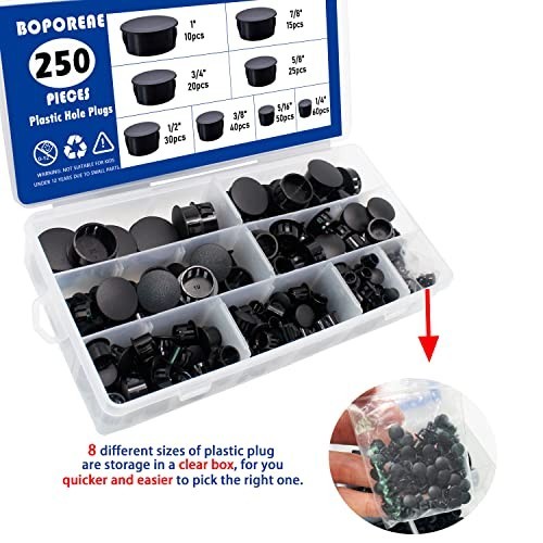 250 PCS Nylon Plastic Hole Plugs – 8 Sizes for Furniture, Cabinet & Pipe Inserts