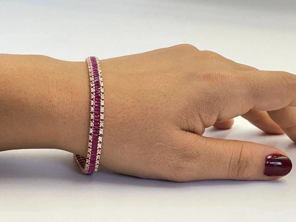 15TCW Baguette Cut Lab Created Ruby & Diamond Tennis Bracelet 14k Rose Gold Over