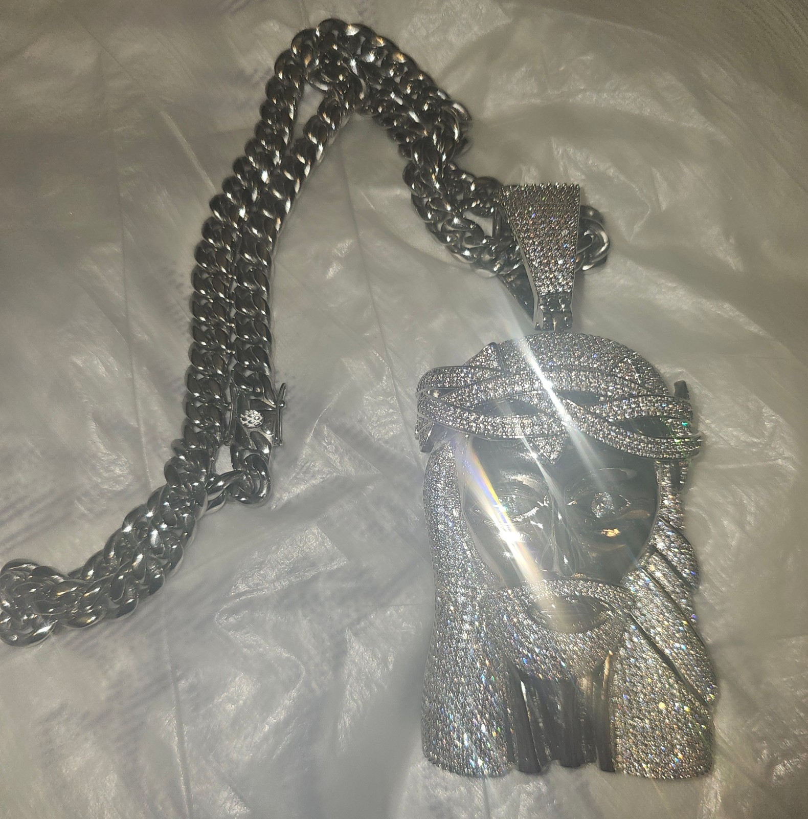 Iced Jesus Face Head Extra Large Pendant Silver Shiney