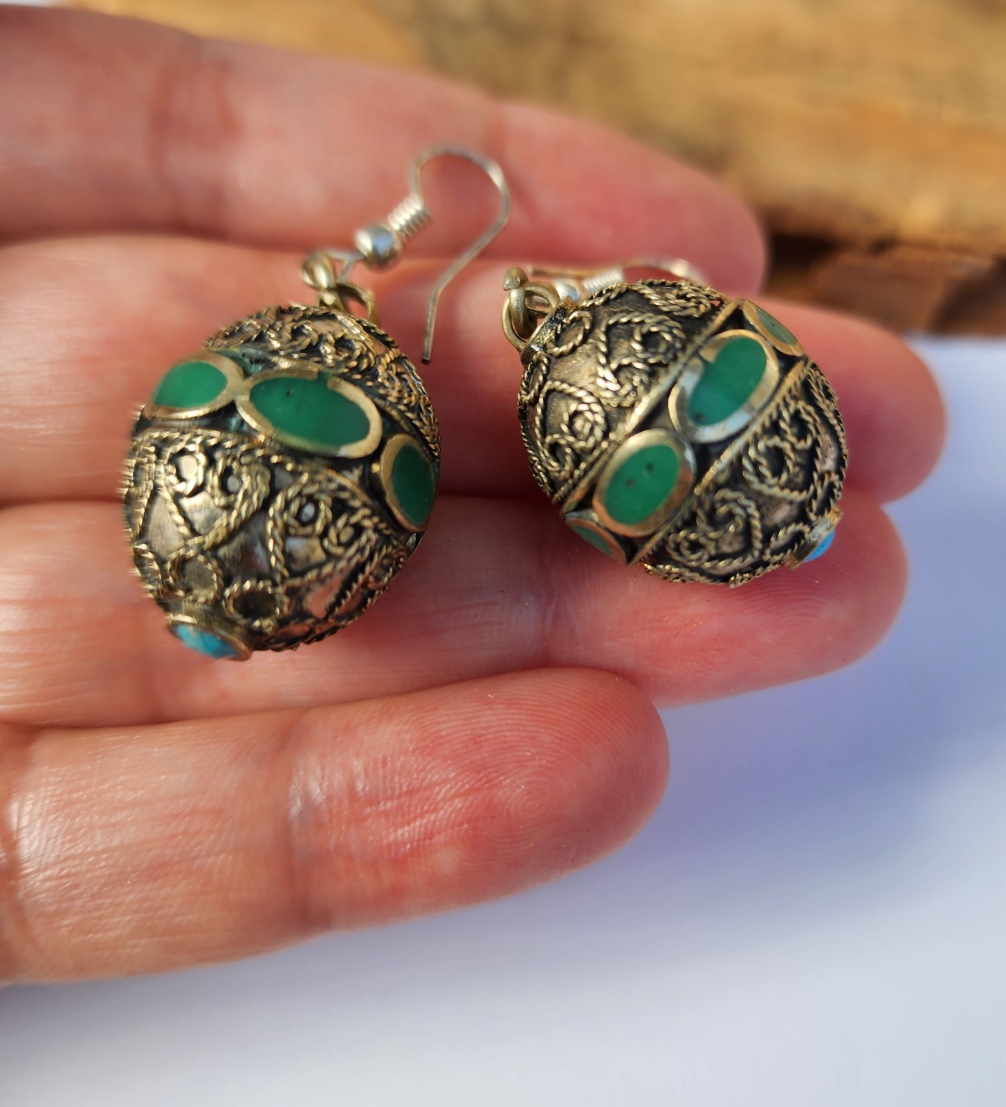 Filigree vintage Green Afghan Traditional ethnic Hook Dangle Drop Earrings