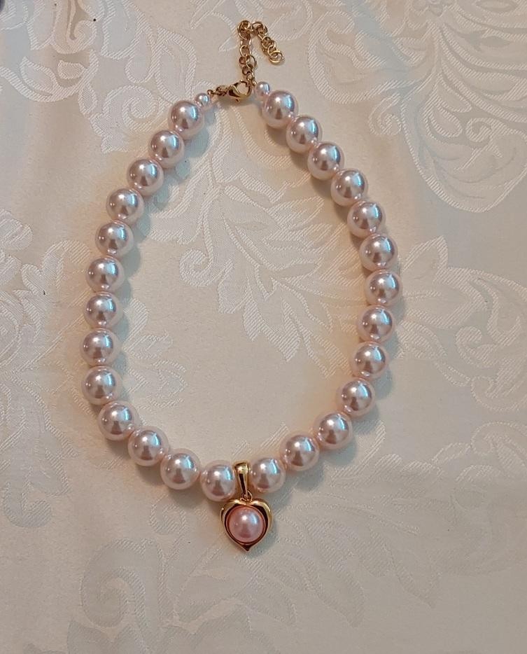 Signed Joan Rivers Light Pink Bubblegum Pearls with Pearl Heart Pendant