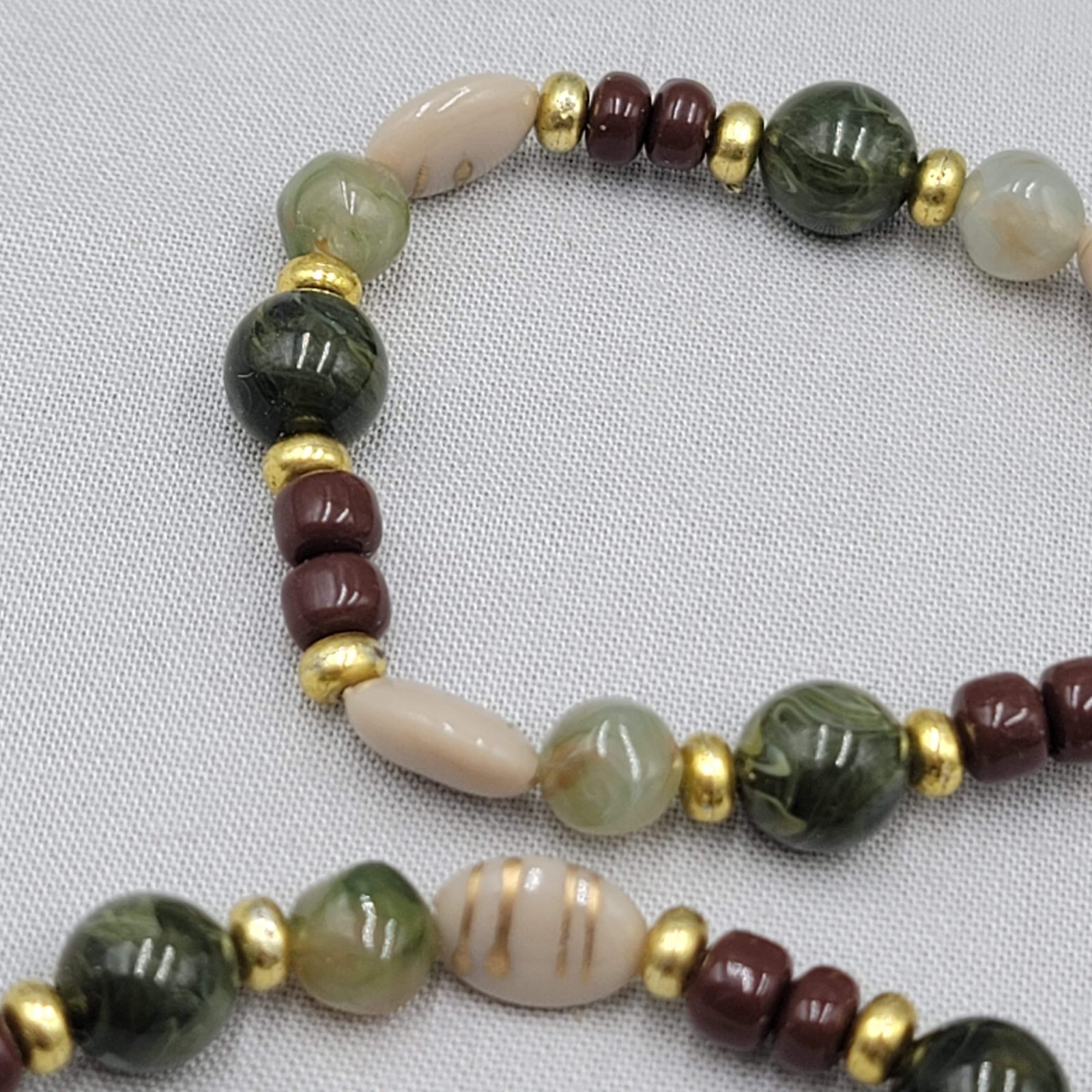 Vintage Brown Green Beige Bead Necklace Gold tone 36″