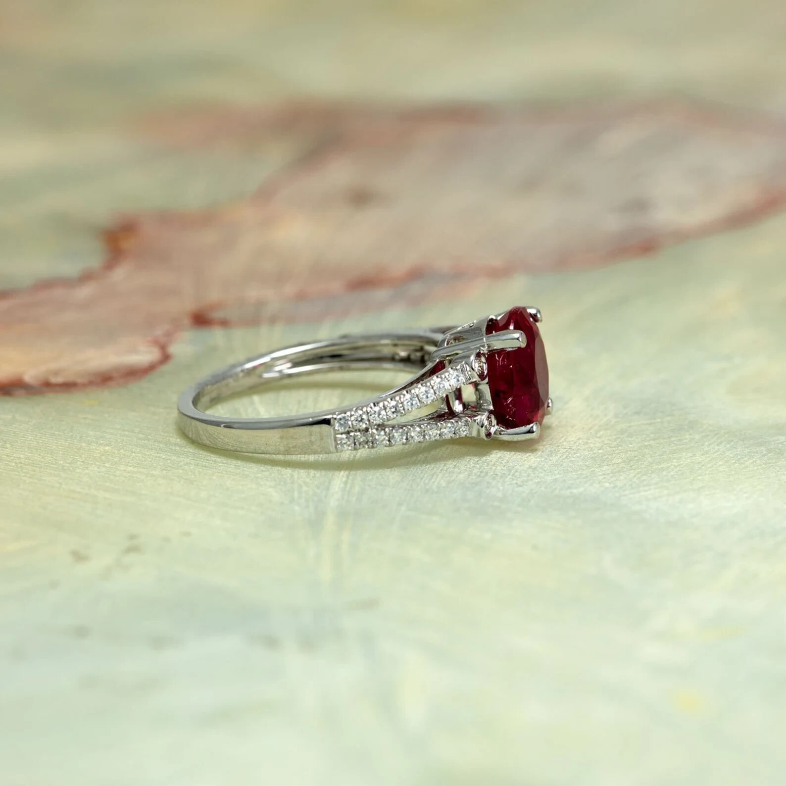 2Ct Oval Cut Simulated Red Ruby Split Shank Wedding Ring 14K White Gold Plated
