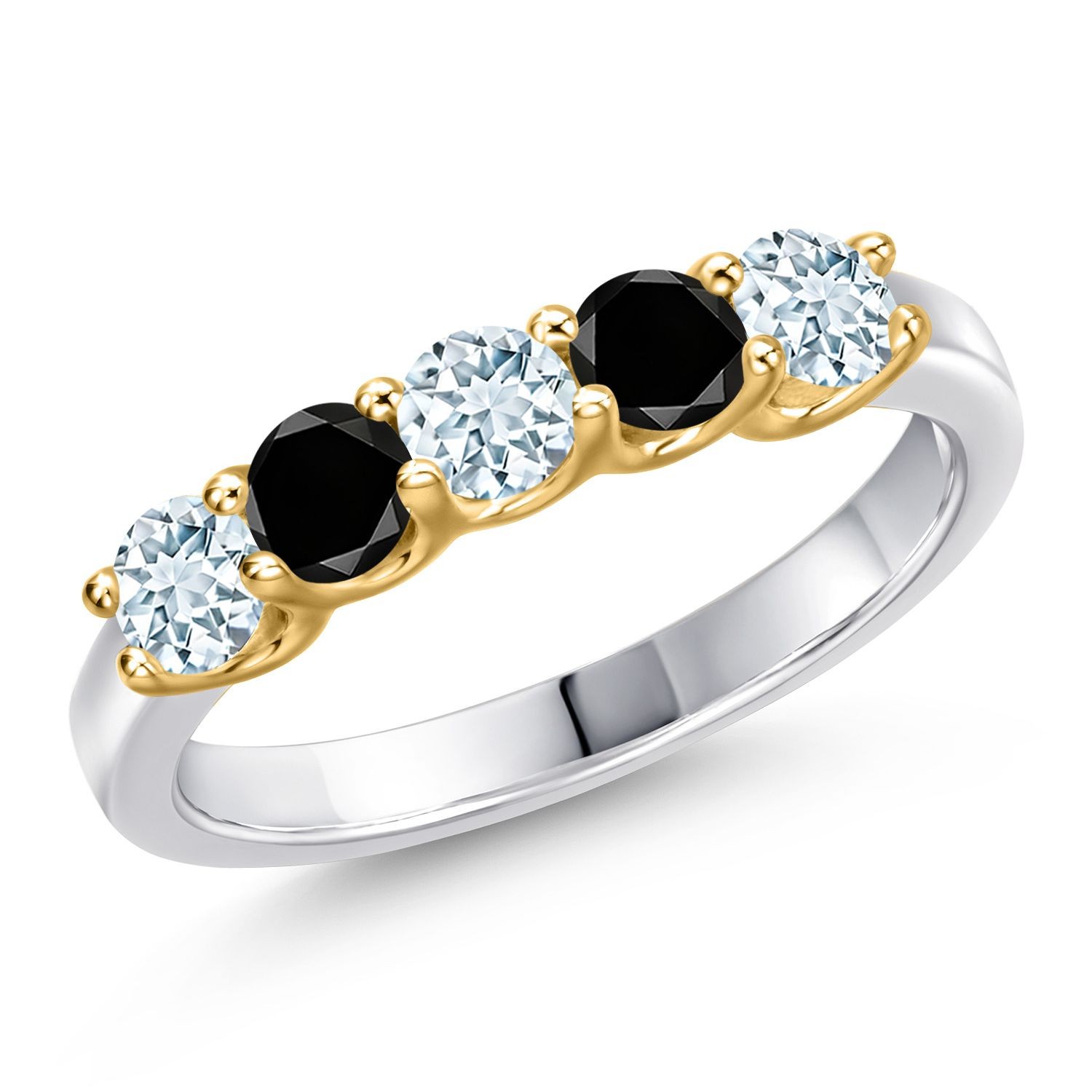 925 Silver and 10K Yellow Gold Aquamarine and Black Diamond Wedding-Bands Ring