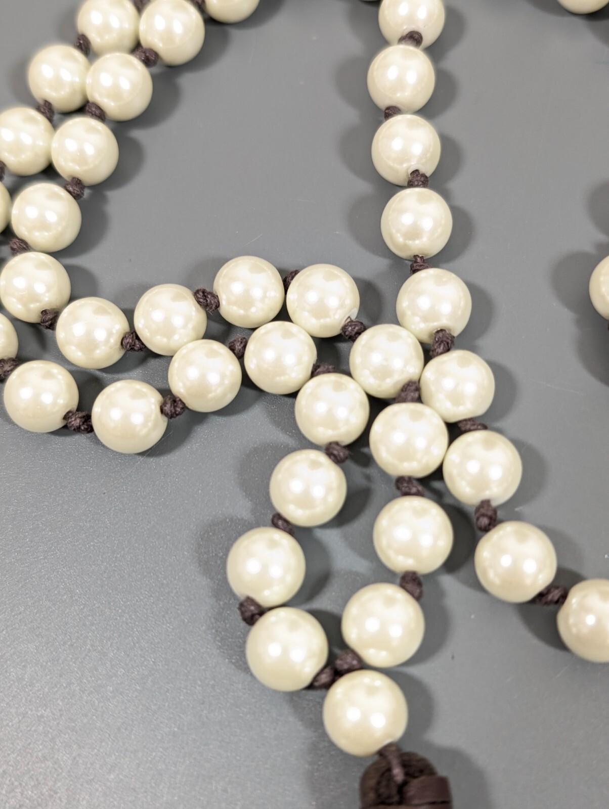 Retro Boho Ivory Color Glass Faux Pearl Brown Tassel Layering Necklace 33 in