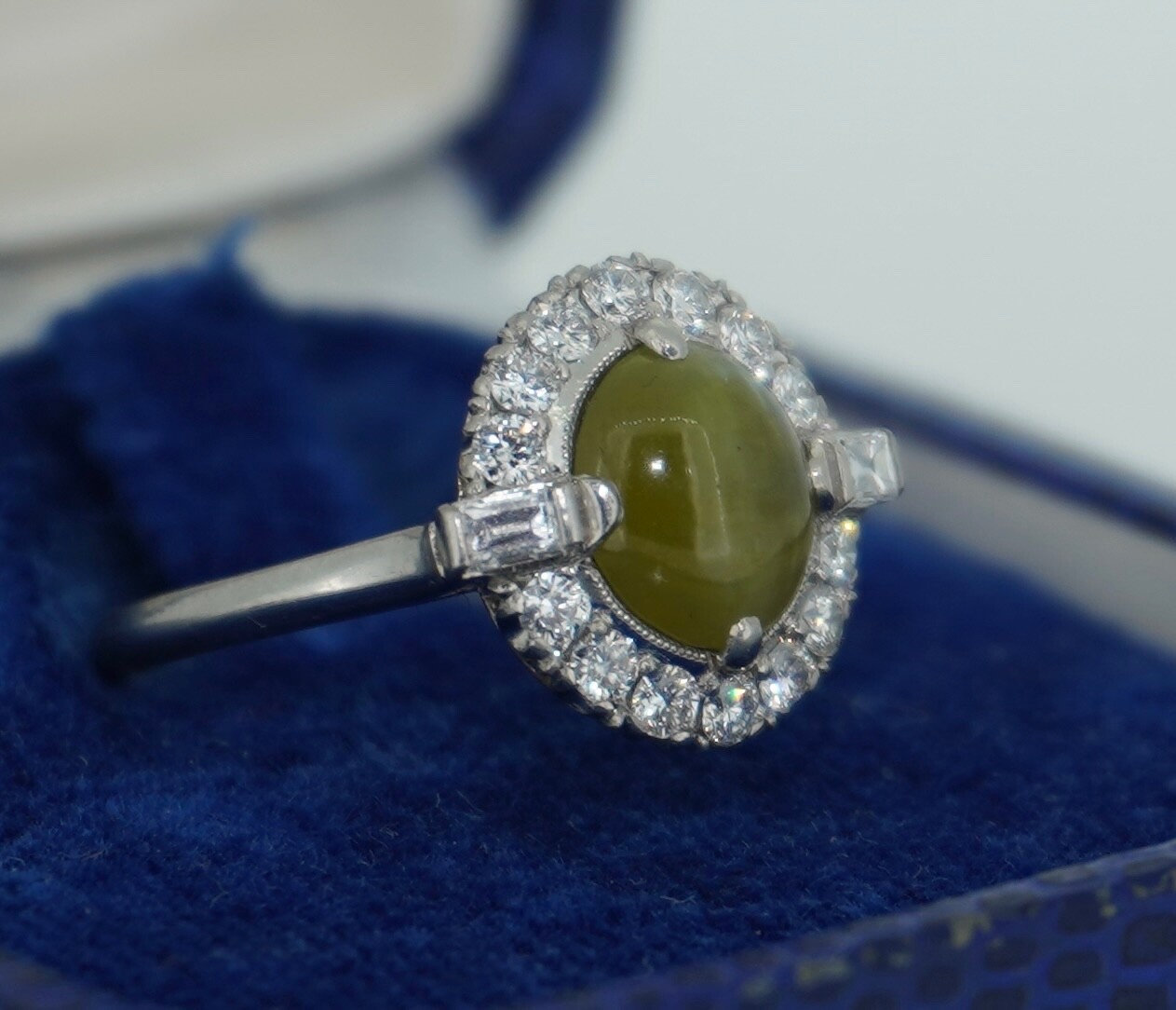 Platinum Cats Eye Chrysoberyl and Diamond Halo Ring