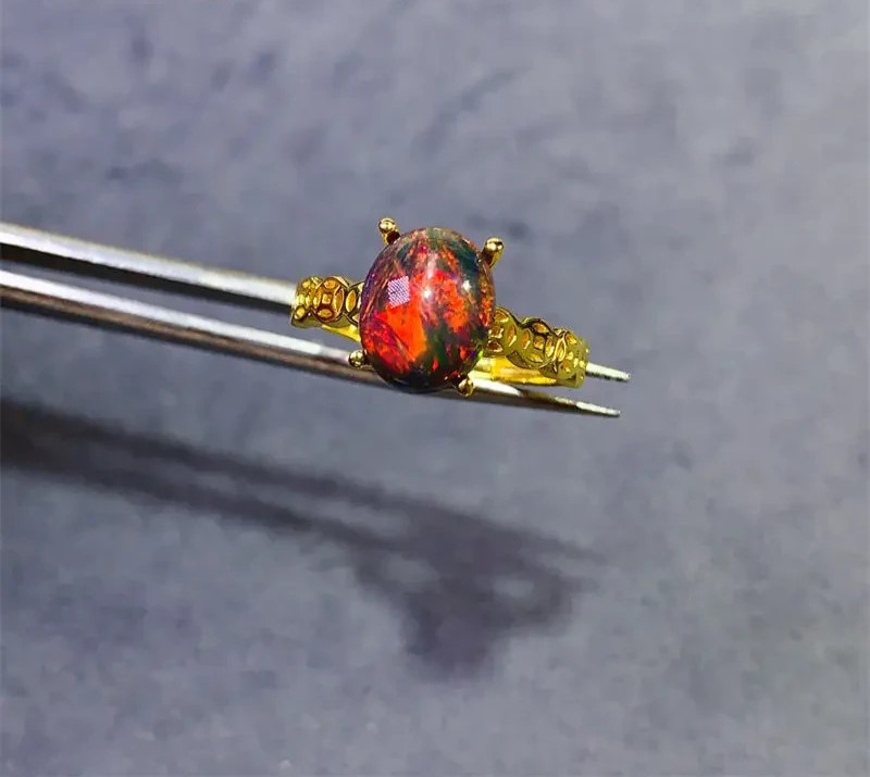 Black Fire Opal Cocktail Ring, Colorful Black Fire Opal Gemstone Ring 8x10mm
