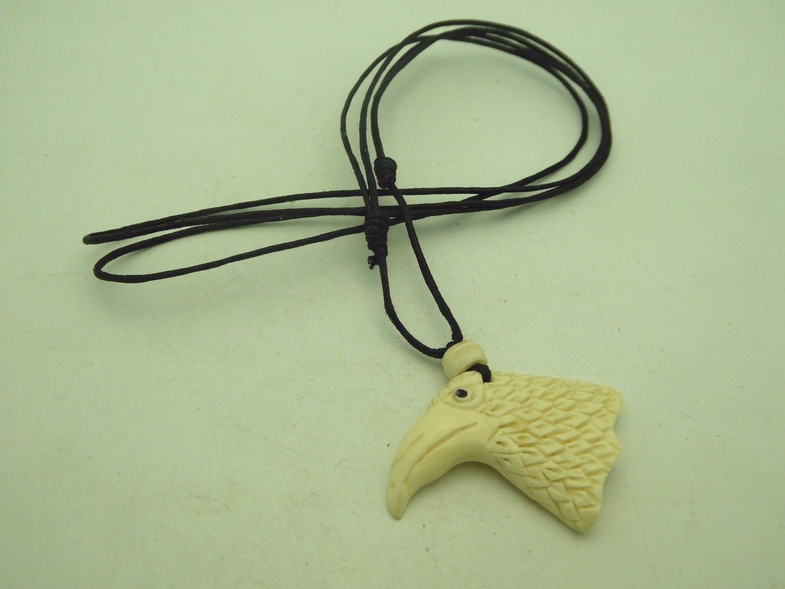 Eagle Bird Head Hand Carved Water Buffalo Bone Pendant With Cord Necklace