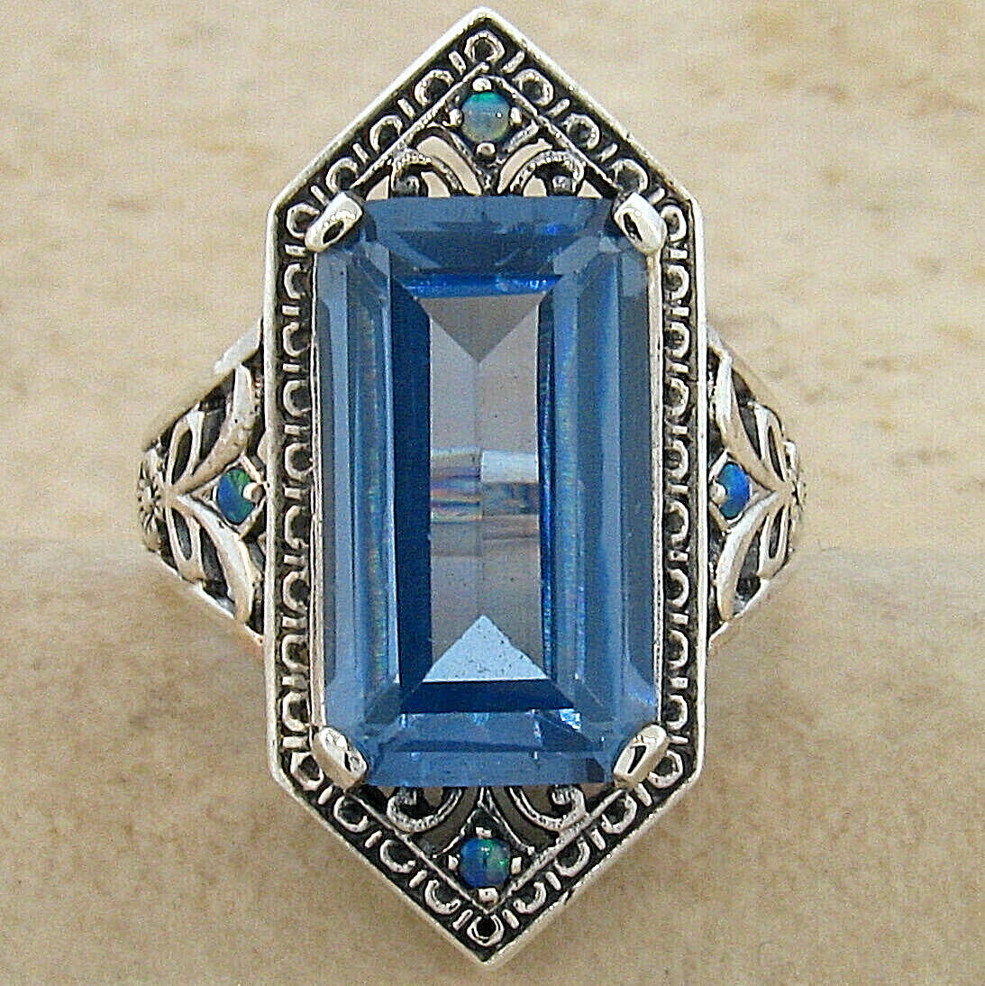 ART DECO STYLE 925 STERLING SILVER 6 Ct SIMULATED AQUAMARINE OPAL RING 283X