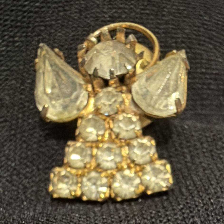Gold Tone Clear Crystal Rhinestone Angel Pin Brooch, Cluster Setting