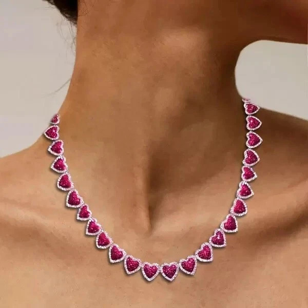 15 Ctw Lab-Created Ruby & Diamond Tennis Heart Women’s Necklace 14K Gold Plated!