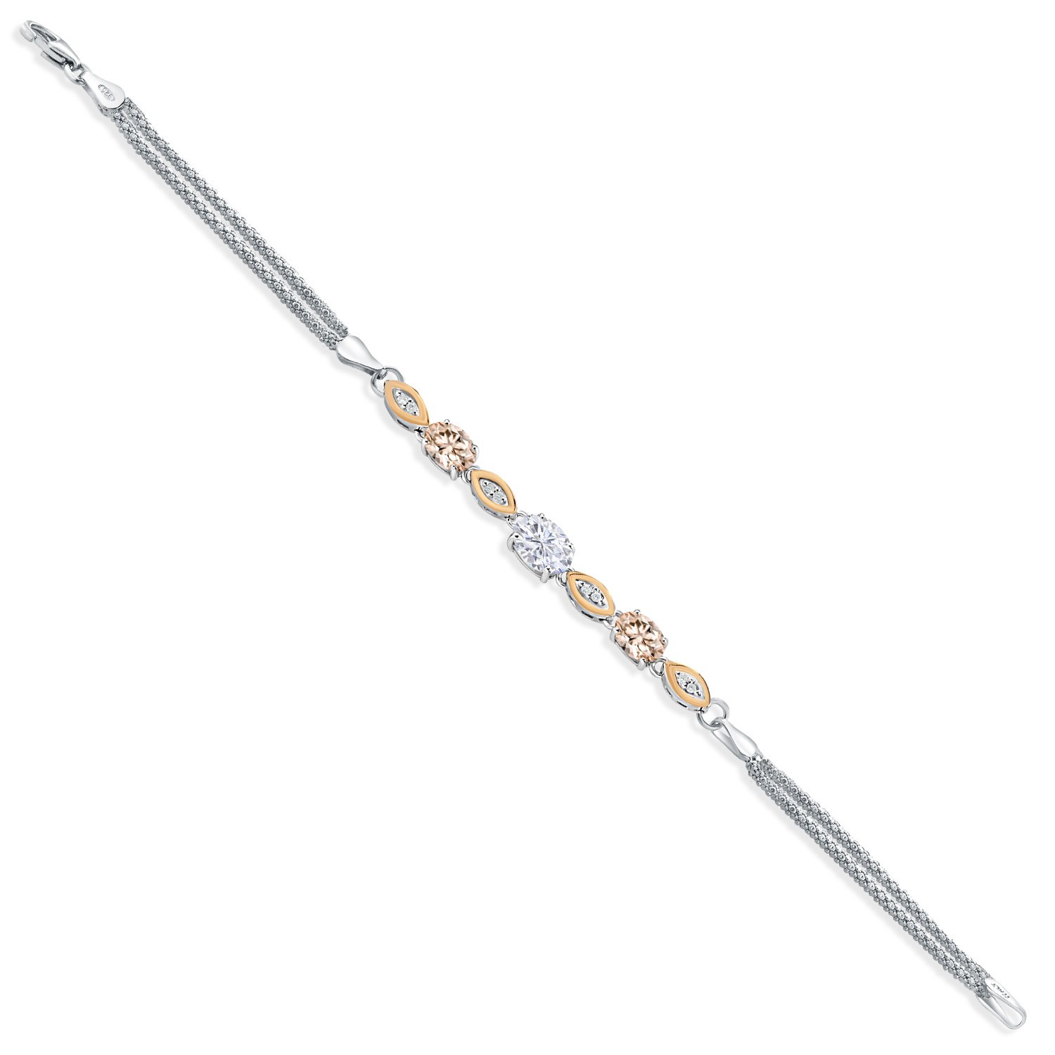 925 Silver and 10K Yellow Gold White Moissanite and Peach Morganite and White