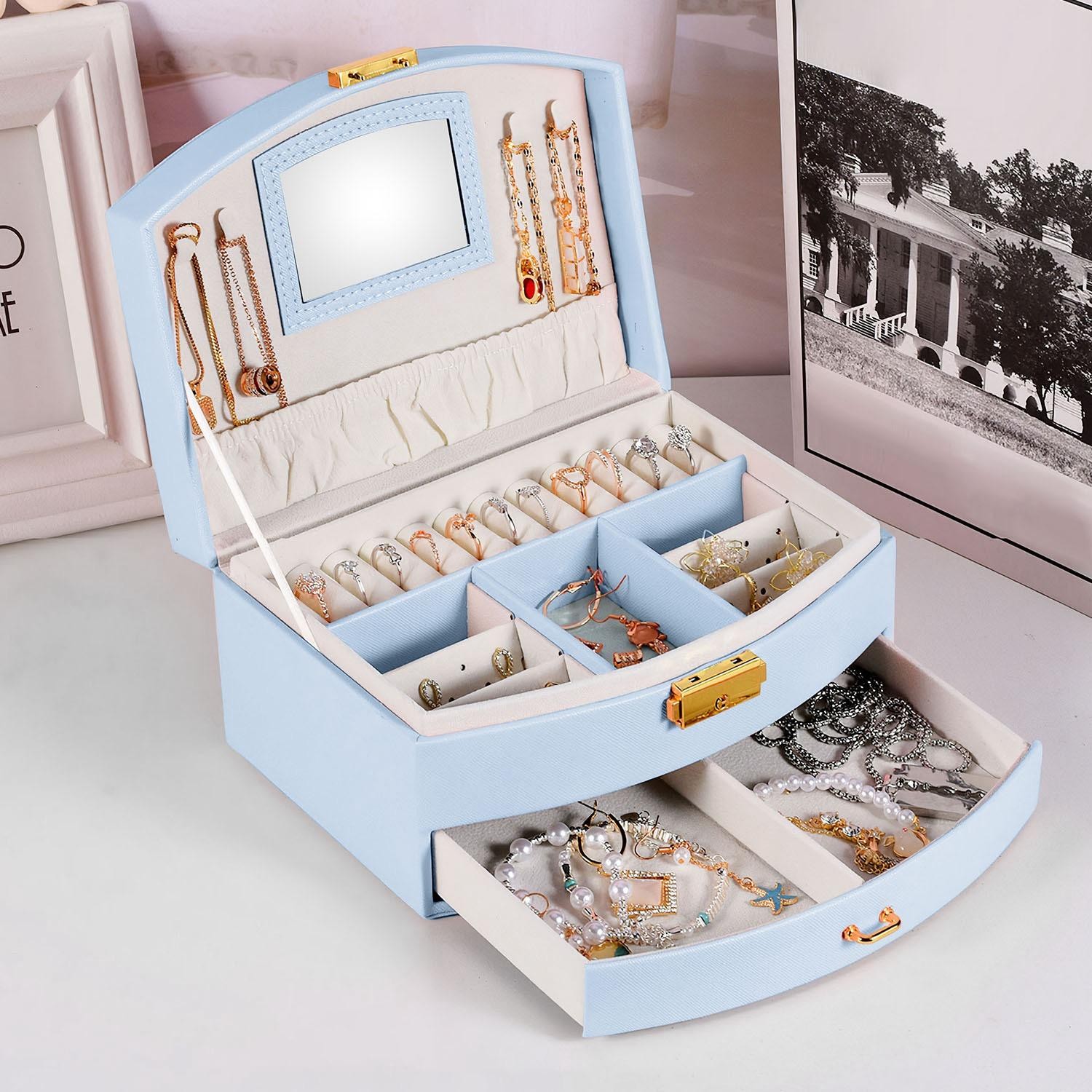 2-Layer Jewelry Box f/ Women Girls Lockable Lear Organizer Travel Case f/ Rings