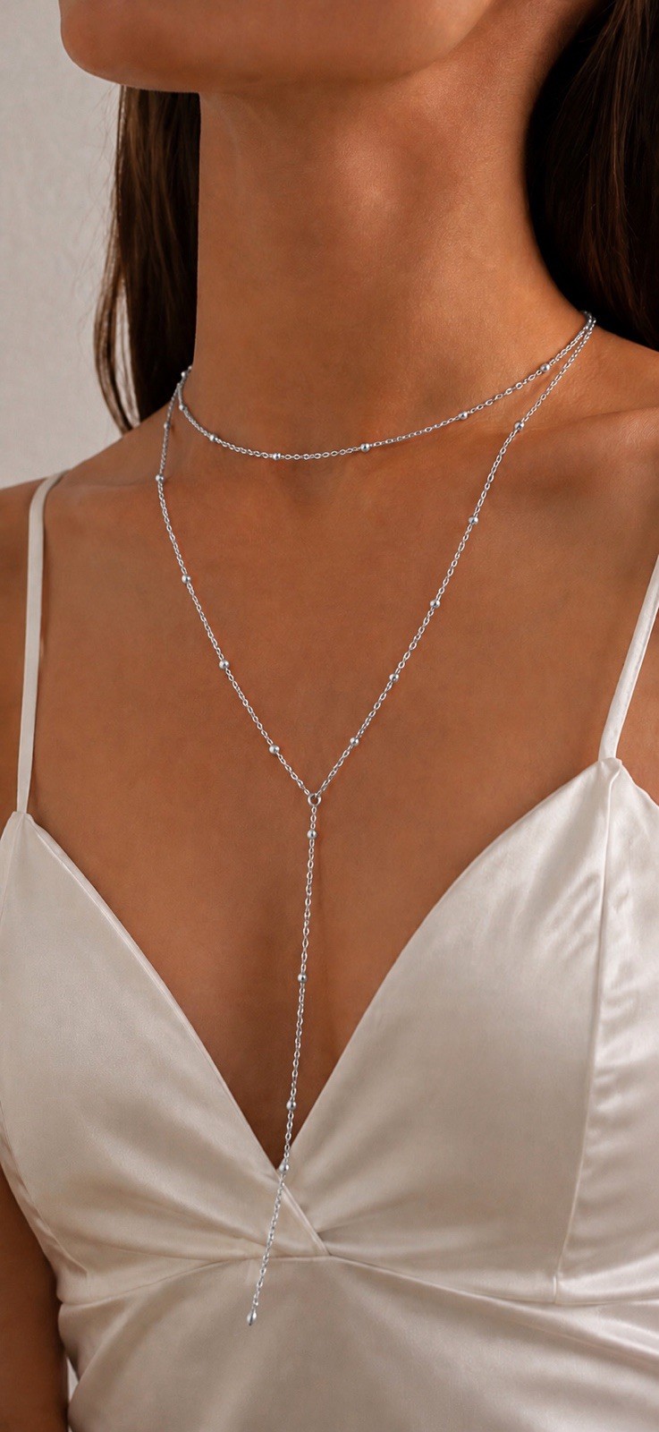 Layered Y Necklace Electroplated Silver Chain Geometric Drop Beads Choker Gift