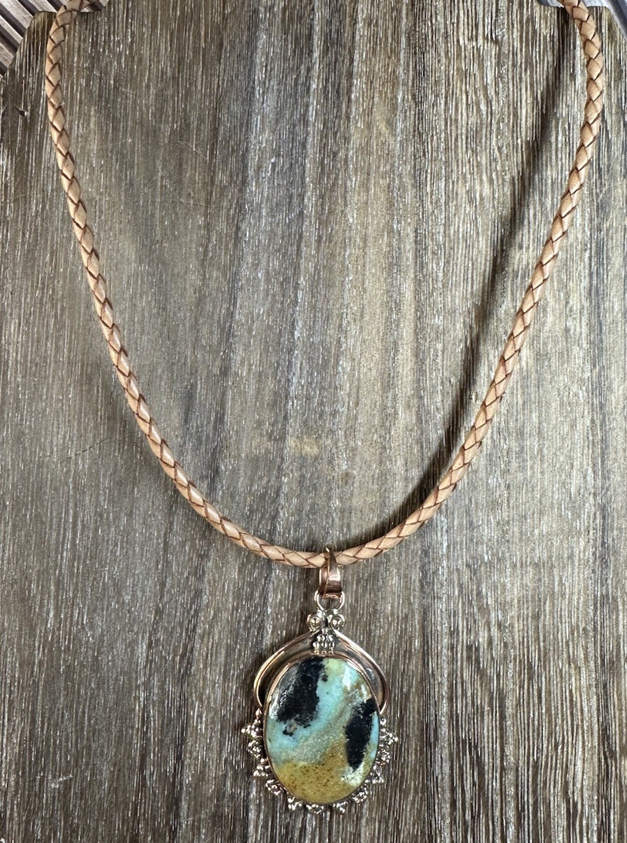 Southwest Style Copper Blackjack Turquoise Pendant w/Leather Cord Necklace 16”