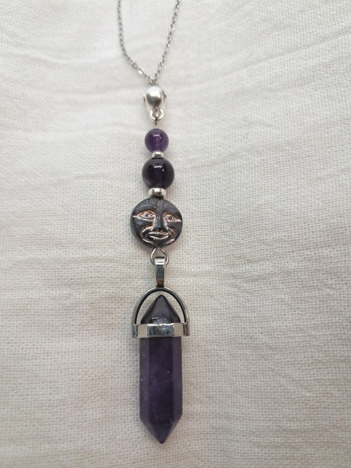 Genuine AMETHYST DT Crystal Beads Czech Glass Moon Face Pendant Necklace Wicca