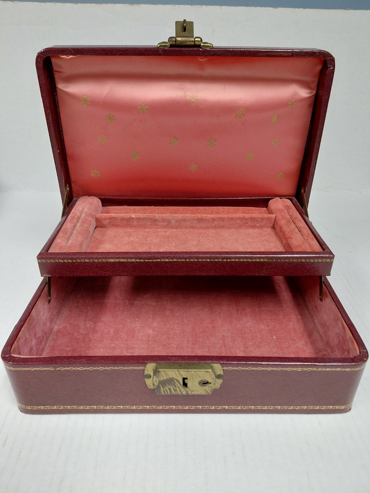 Vintage Leather Jewelry Box Brass Clasp Embossed Gold
