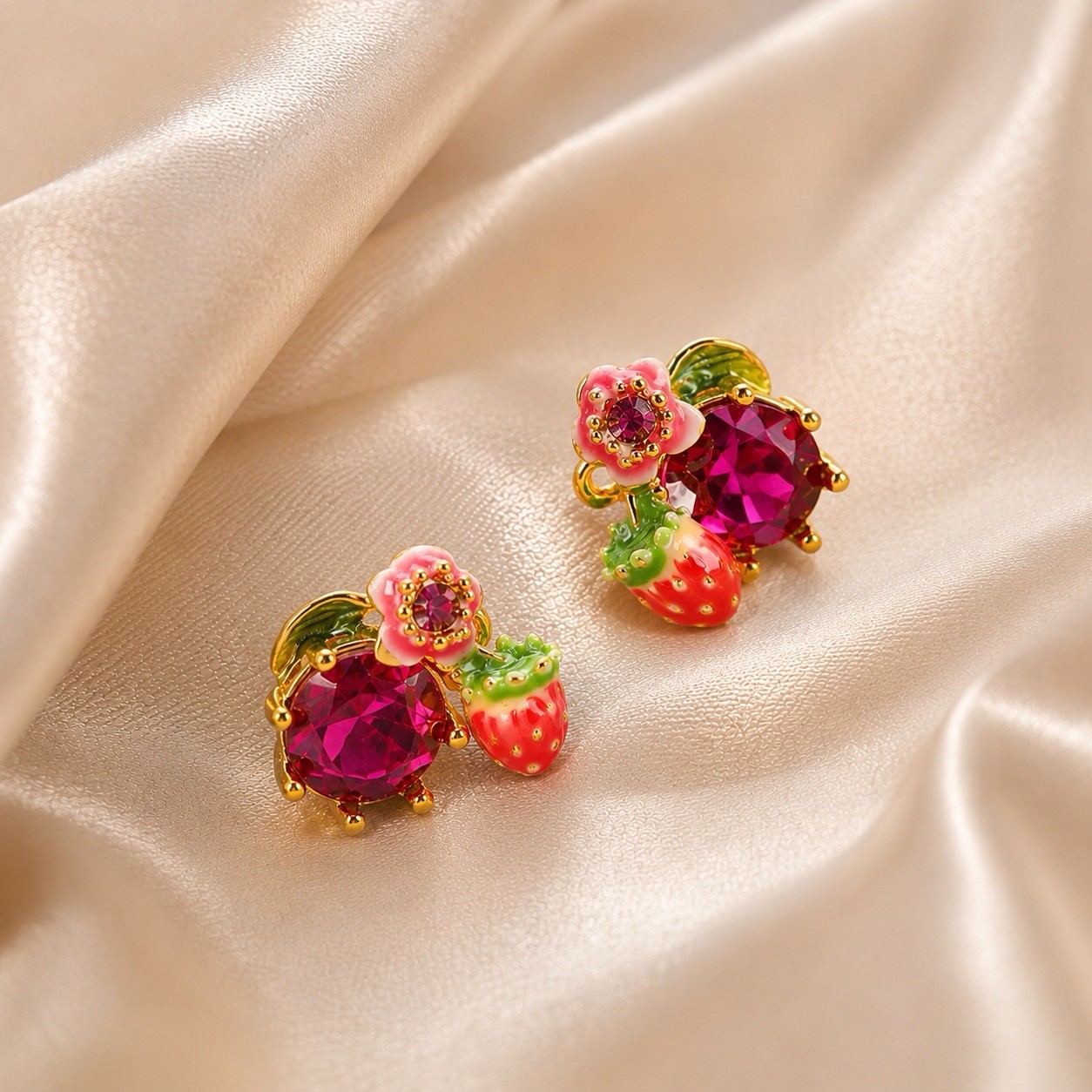 Anthropologie Strawberry Flower Earrings Cottagecore Fruit Kawaii CZ Gold