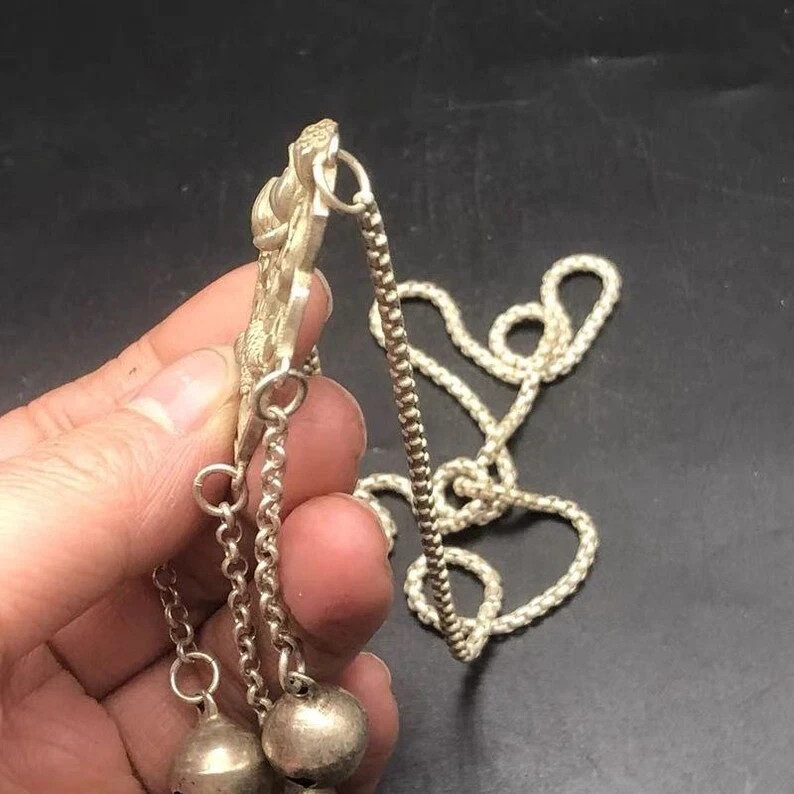 Vintage Lotus Fish Lock Necklace Bell Tassel Ethnic Alloy Long Chain Pendant
