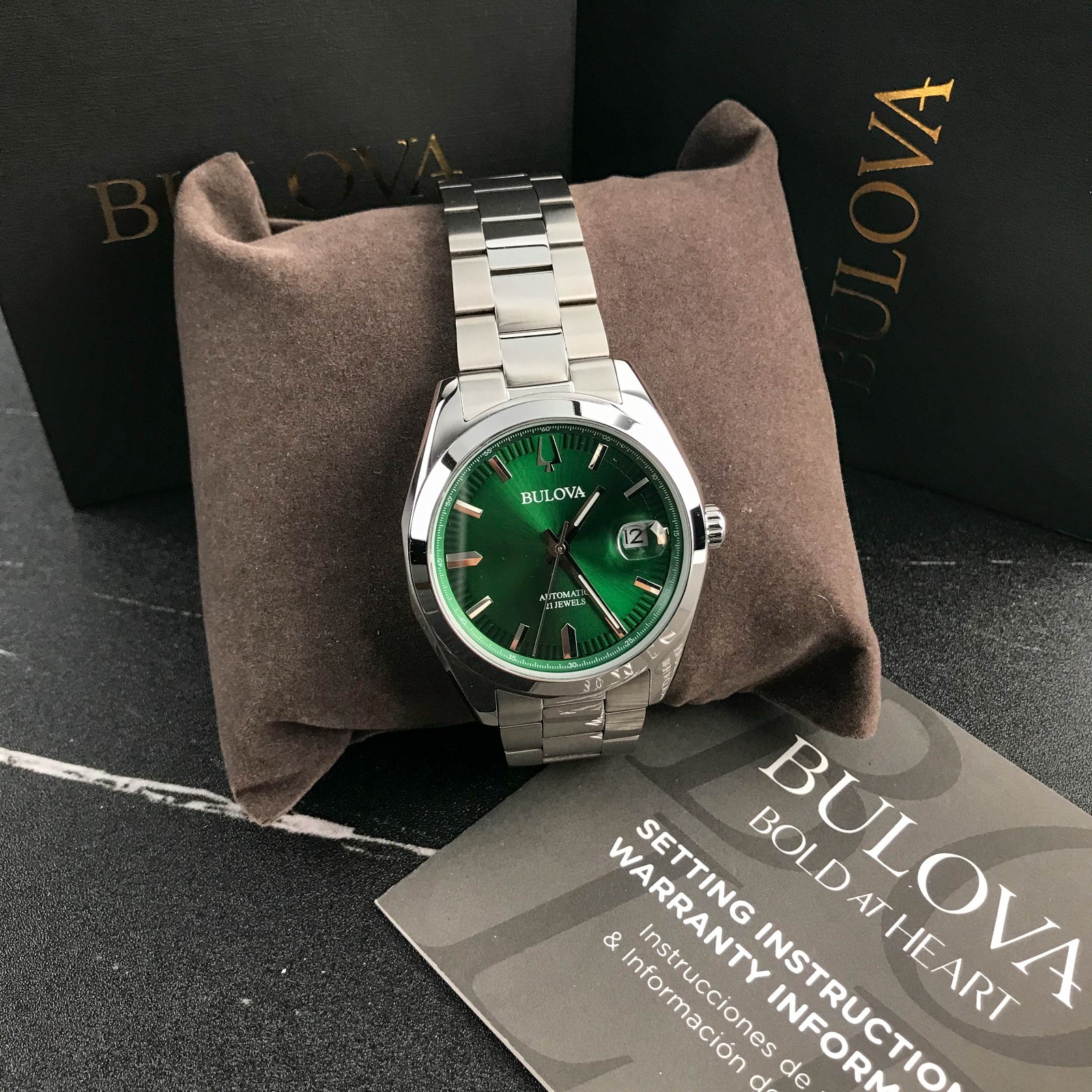 Bulova 96B429 Men’s Surveyor Automatic Green Dial Stainless Steel Watch 38mm