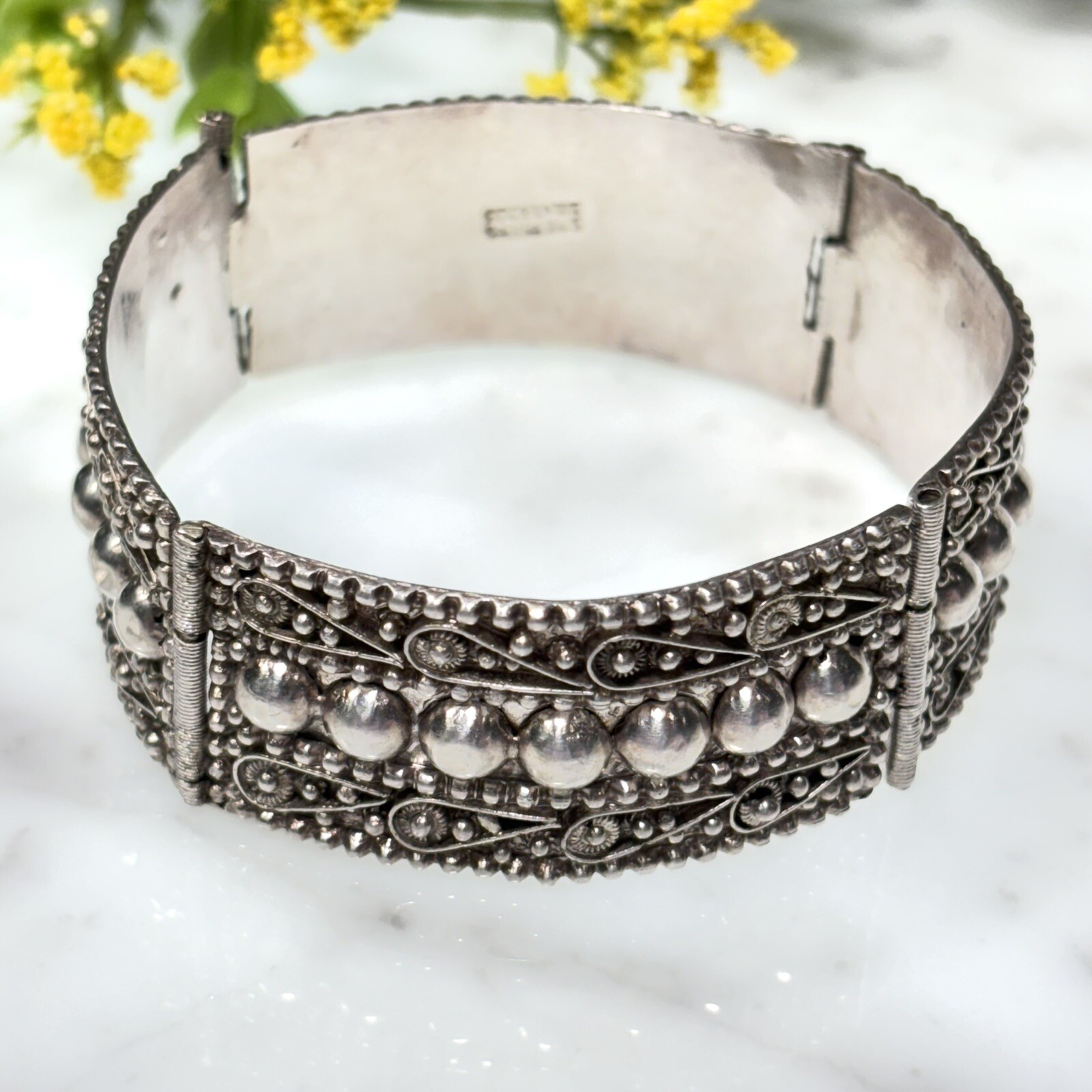 Antique Sterling Silver 935 Scroll Ball Dot Hinged Panel Bracelet 7” Long 30.0g
