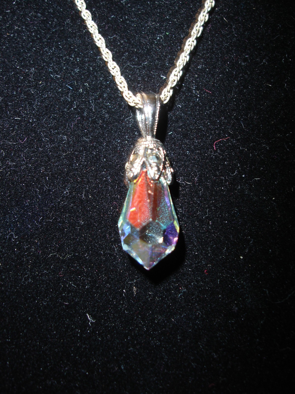 Silver Tone Necklace W/ A Faceted Tear Drop Crystal Pendant & Marcasite Stones