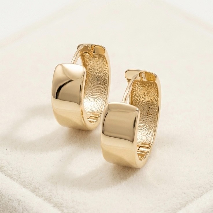 10K Yellow Gold Wide Huggie Hoop Earrings 13mm x 5mm High Polish Clicker
