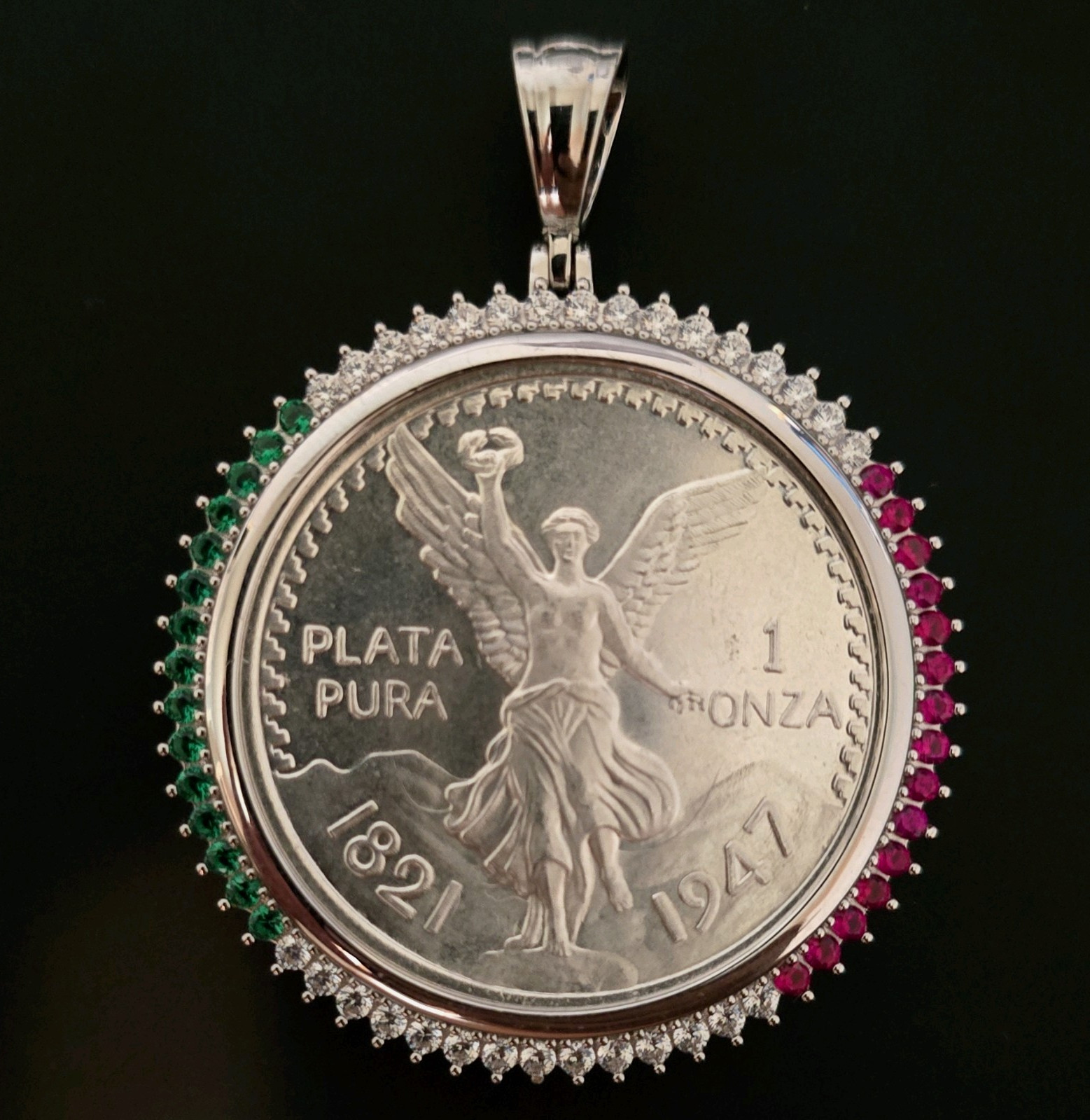 Round Mexican Coin Pendant, Silver Metal Bezel Charm, No Stone, Mexico
