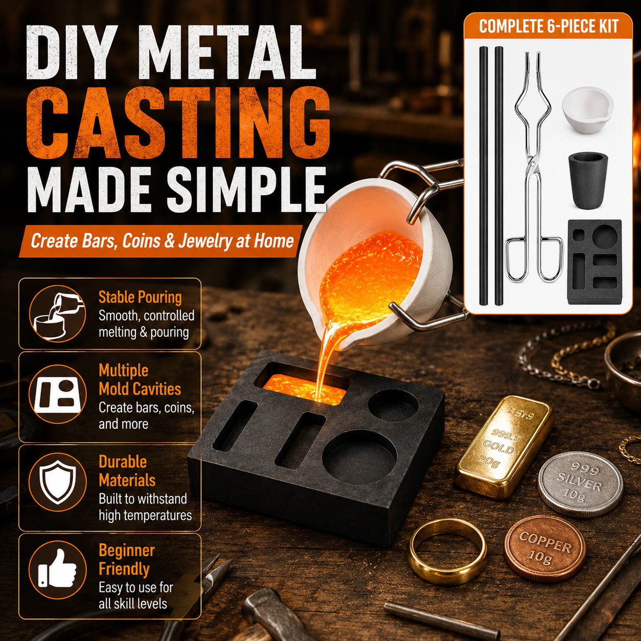 Graphite Casting Refining Kit 6PCS Mold Crucible Set for Gold Silver Copper