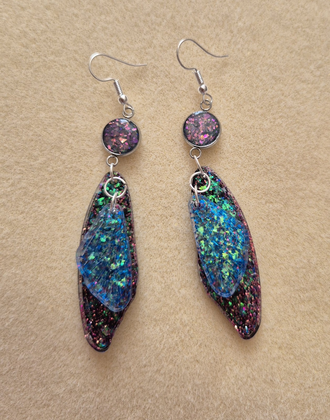beautiful long glittery butterfly wings resin earrings 8cm with hook fastening