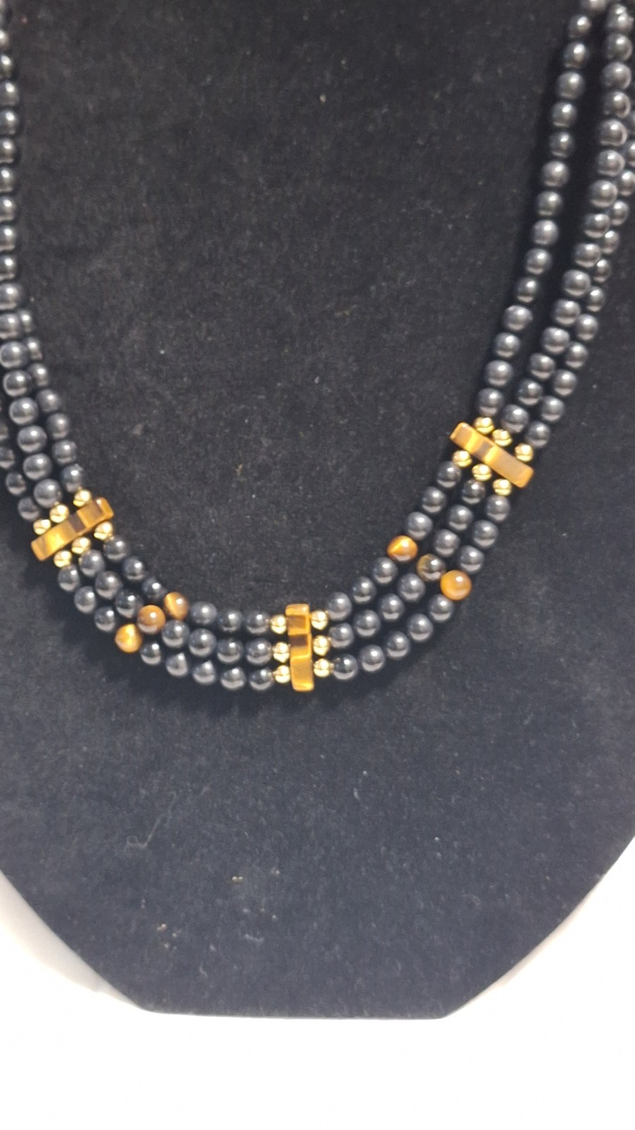 Black Glass Beaded Multi-Strand Statement Necklace Gold Tone Lobster Clasp
