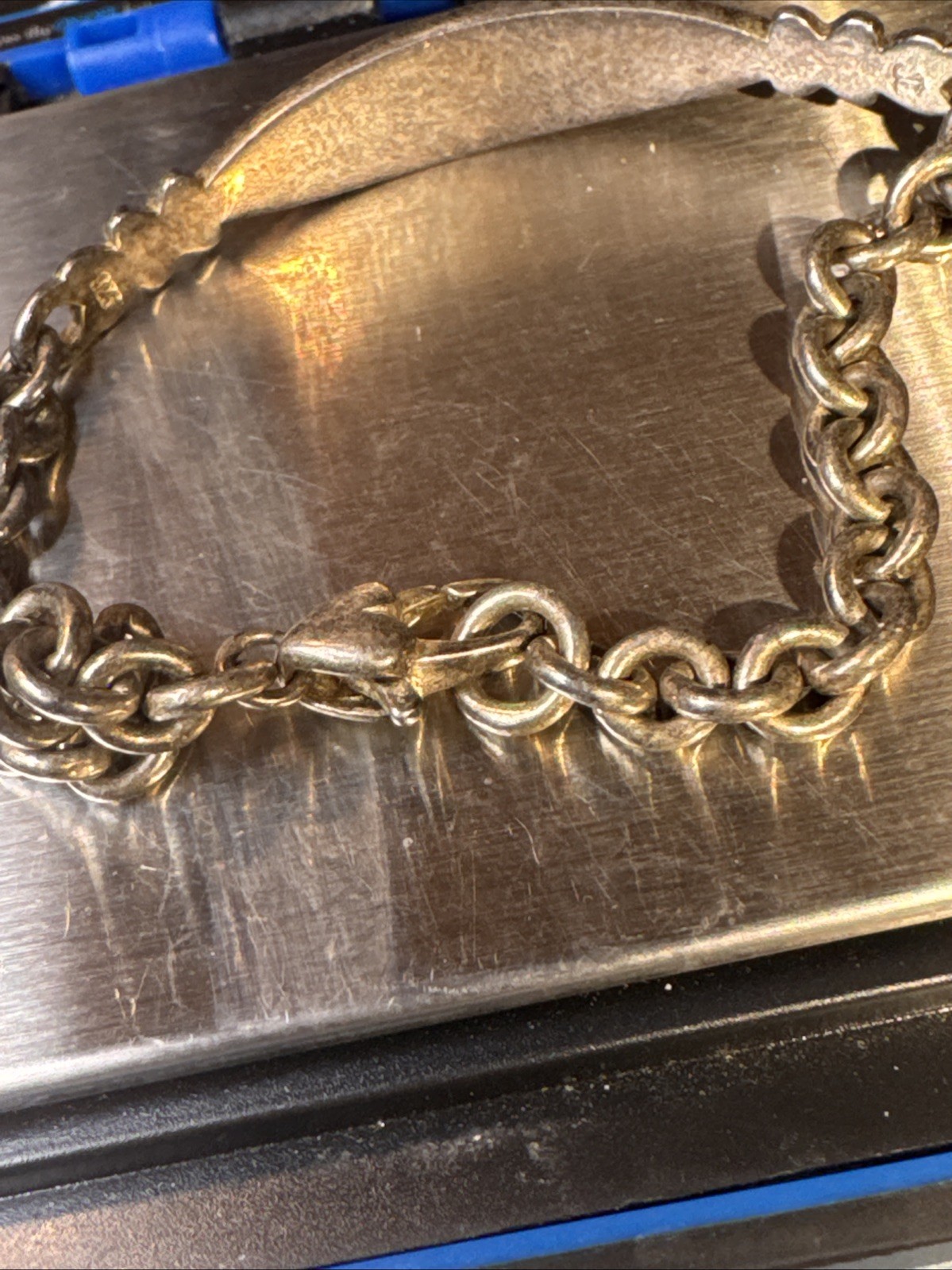 Vintage 925 Sterling Silver Leah Name ID Bar Bracelet Maker Marked J Heart Clasp